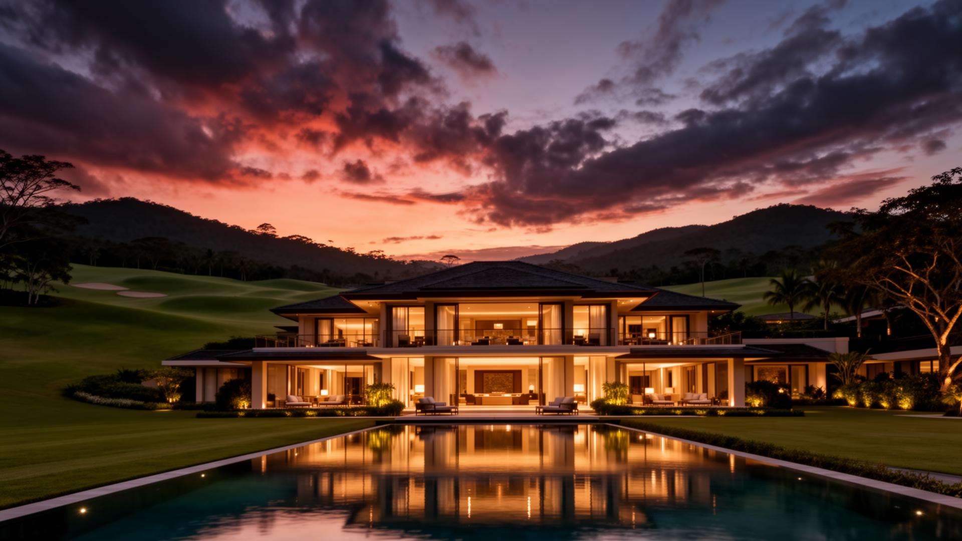 A magnificent illuminated luxury estate reflected in a still pool at dusk