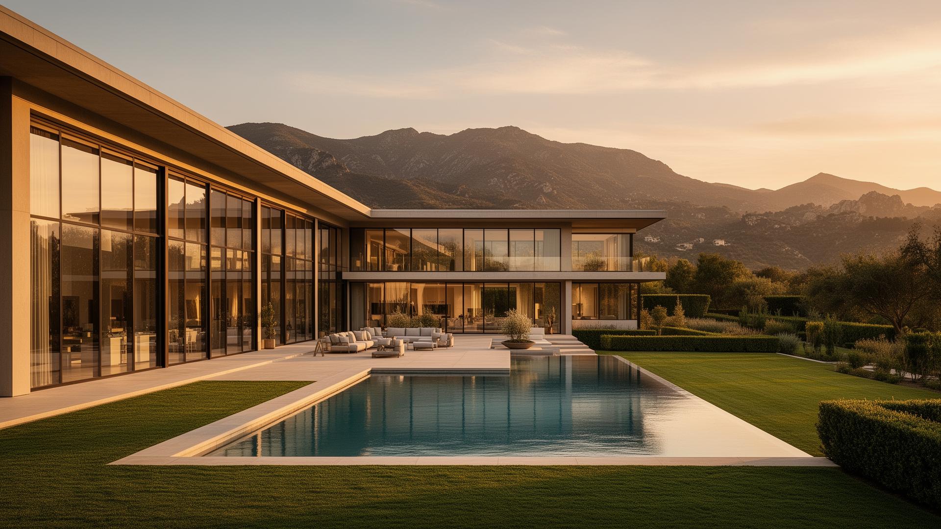 A grand contemporary luxury estate with an infinity pool at golden hour