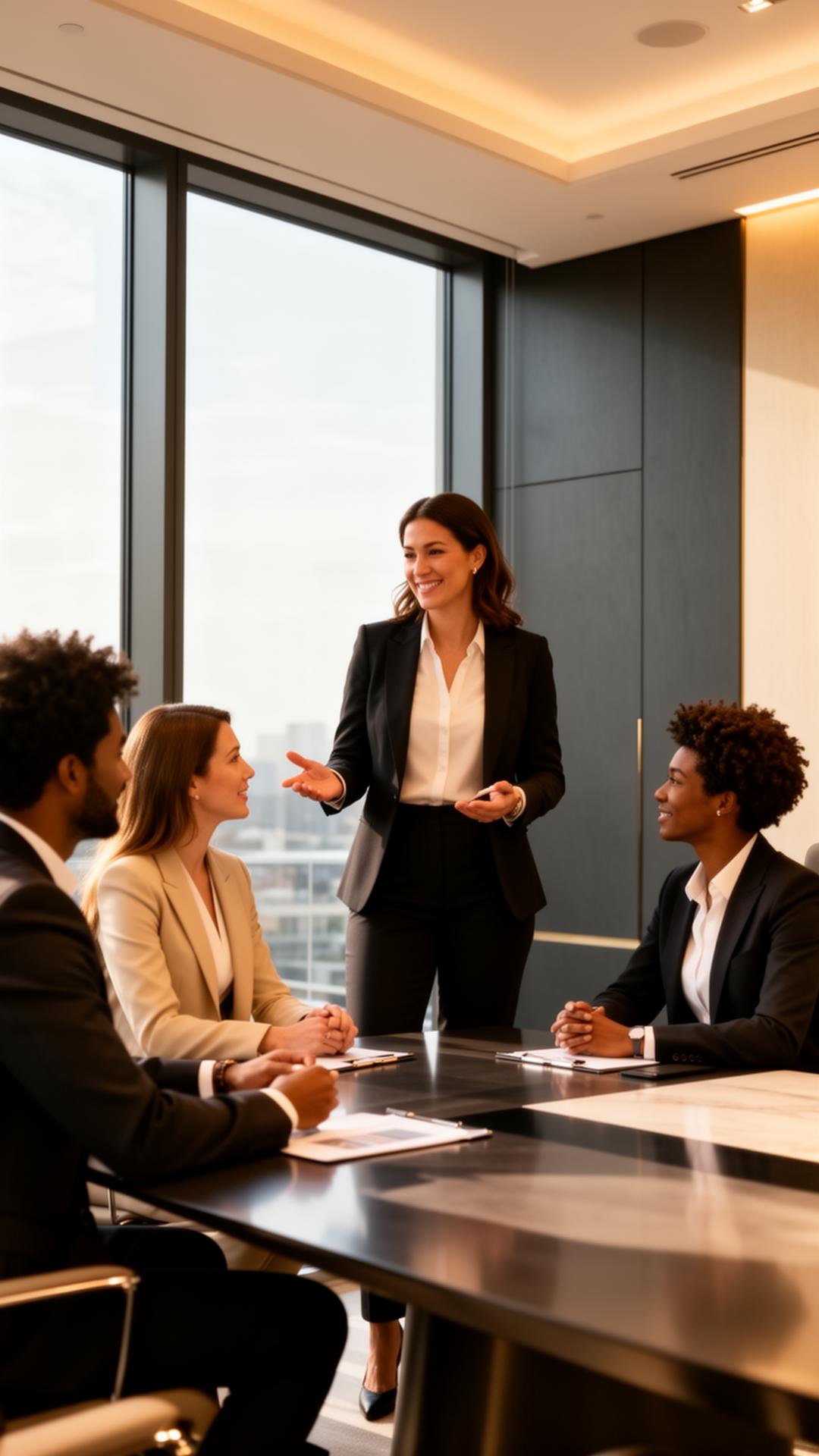 A team leader coaching high-performing real estate advisors in a luxury modern office
